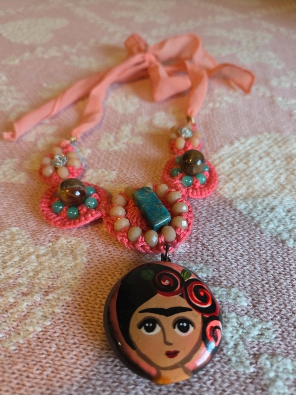 Handcrafted Pink Frida Kahlo Pendant Necklace